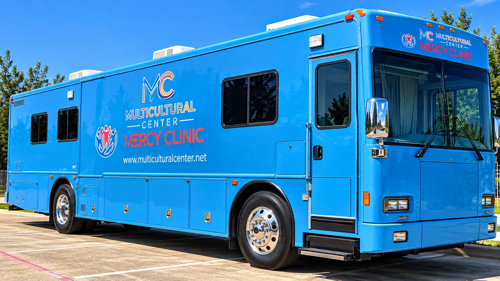Blue Multicultural Center Mercy Clinic vehicle belonging to another organization, shown as inspiration for Pulse’s future mobile clinic.